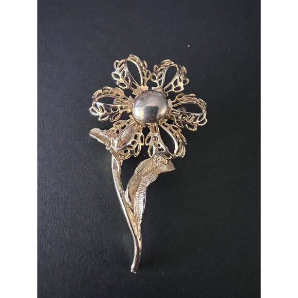 Gold Flower Stem and Leaf Brooch Pin - Picture 2 of 6
